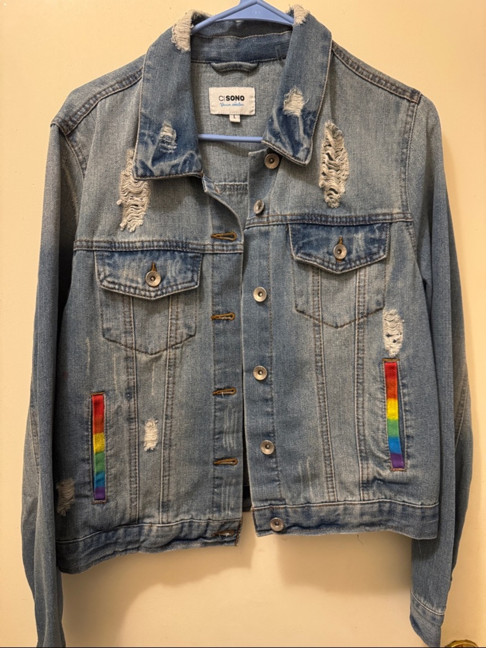 Ci Sono Light Blue Distressed pride Denim Jacket with Rainbow Trim - Picture 2 of 3
